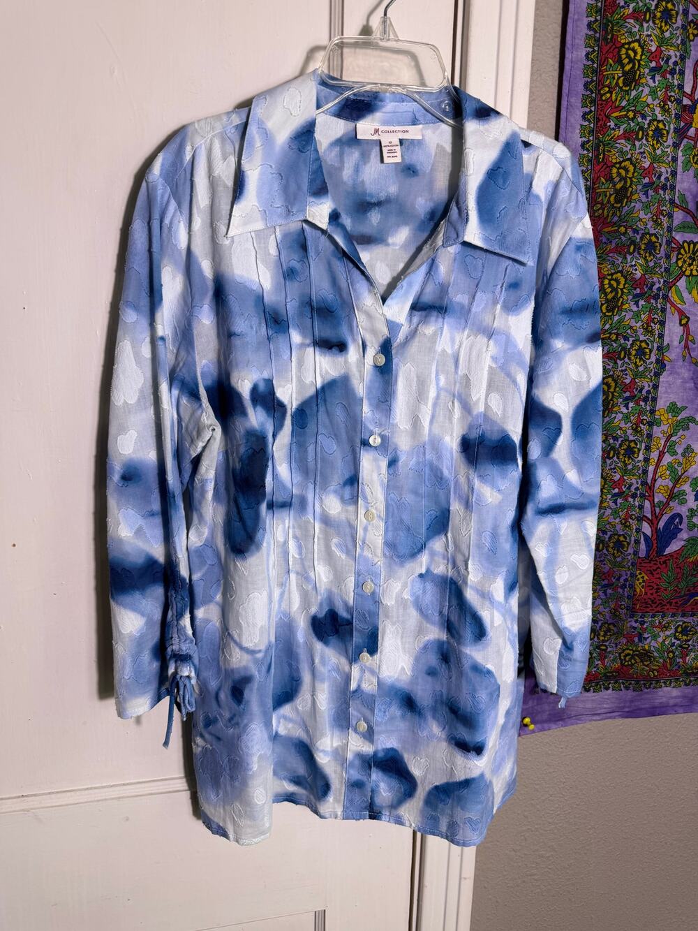 JM Collection Size 12 Blue Floral Cotton Jacquard Button Blouse Tunic Shirt